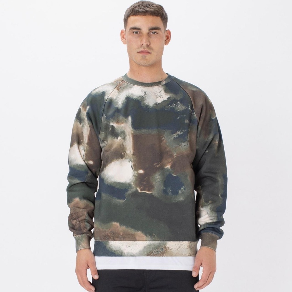 Zanerobe Lowgo Raglan Crew Sweatshirt Washed Camo Green Blue Grey XL